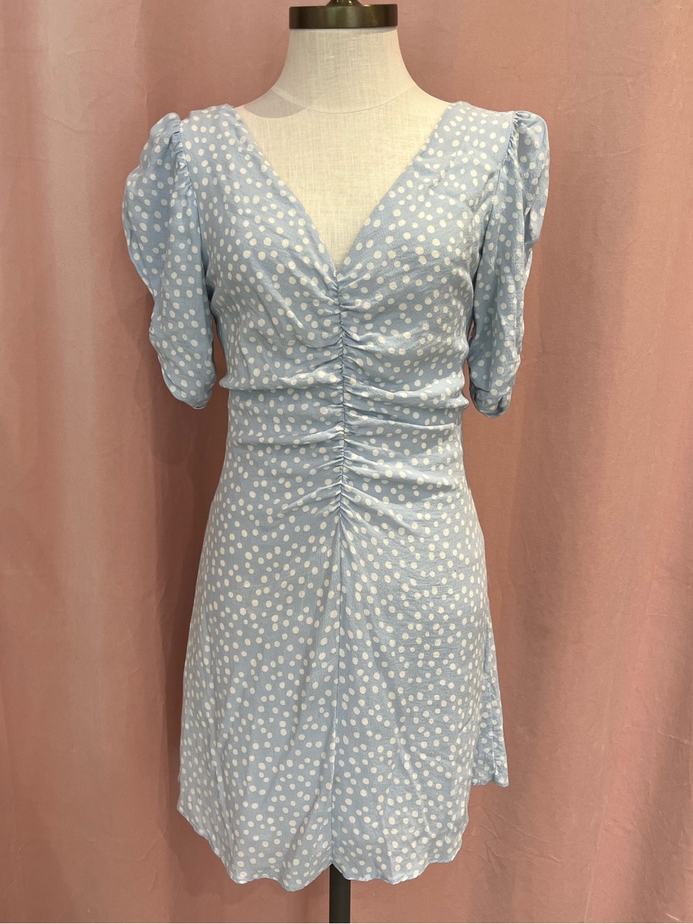 Zara Light Blue Polka Dot Ruched Mini Dress Size M